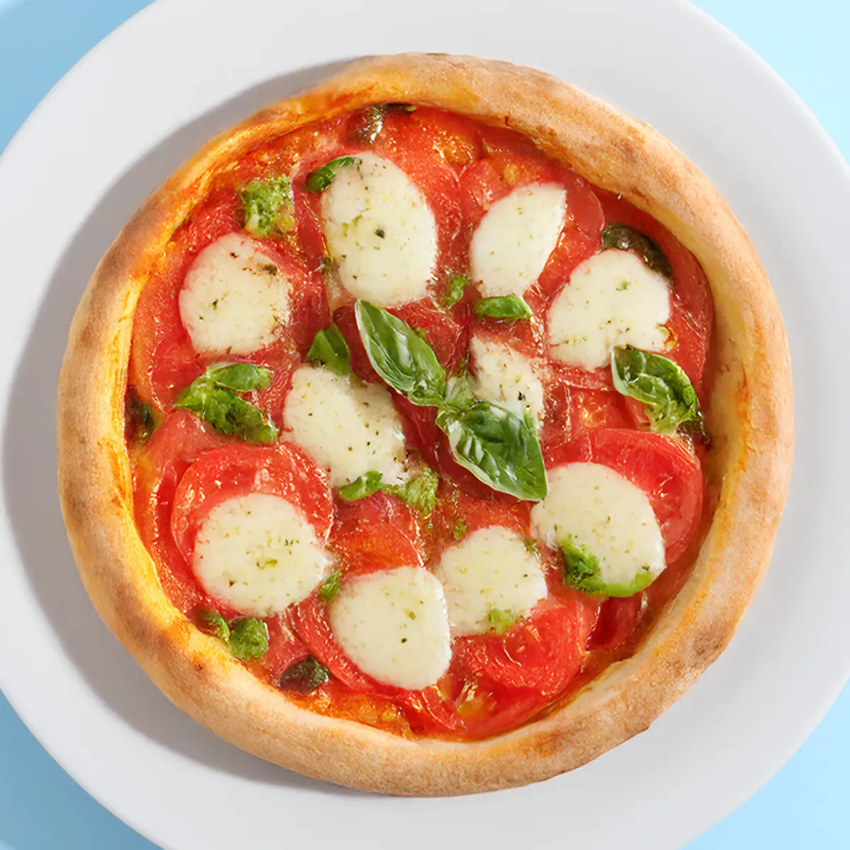 Pizza văzută de sus, cu roșii, mozzarella și frunze de busuioc